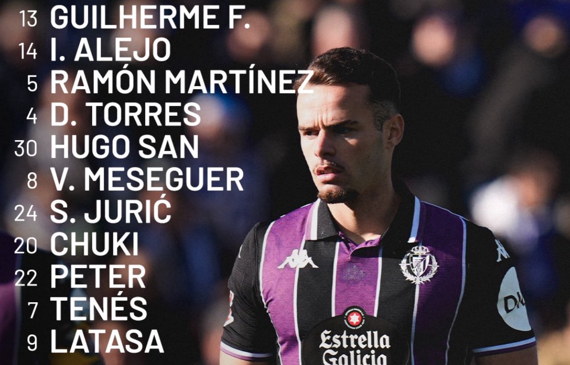 Alineación del <a href="/realvalladolid/">Real Valladolid C.F.</a> para jugar contra el Ceuta: 

GUILHERME F.
I. ALEJO
RAMÓN MARTÍNEZ
D. TORRES
HUGO SAN
V. MESEGUER
S. JURIC
CHUKI
PETER
TENES
LATASA