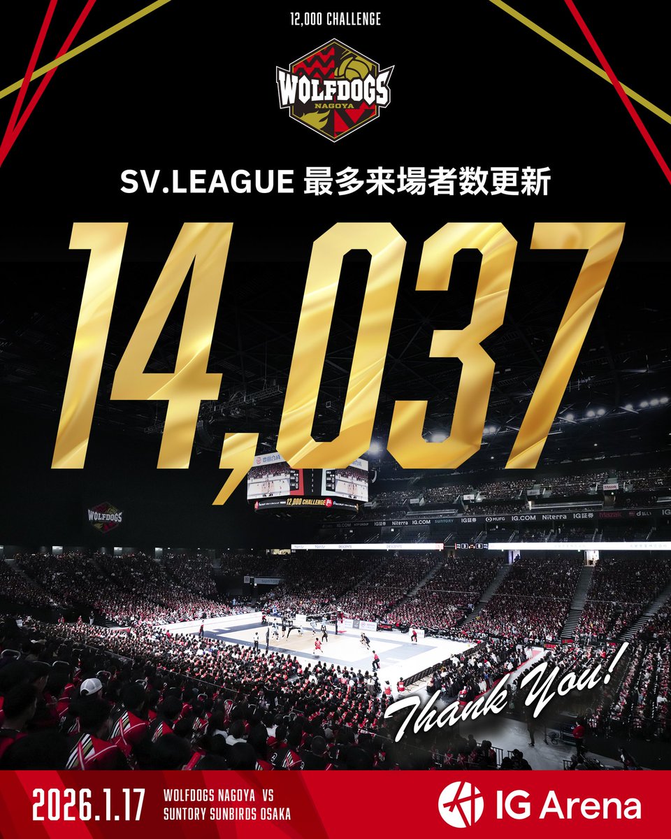Wolfdogs_NAGOYA's tweet photo. 🐺WOLFDOGS NEWS🐶

「リクルートスタッフィング presents 
12,000 CHALLENGE」 目標達成㊗️🎉

本日1/17(土)、IGアリーナにて開催の
ウルフドッグス名古屋 vs #サントリーサンバーズ大阪 戦において、14,037名にご来場いただきSV.LEAGUE 最多来場者数を更新✨✨

たくさんのご来場、誠にありがとうございました👏✨

#12000CHALLENGE
#大同生命SVリーグ
#ウルフドッグス名古屋
#wolfdogsnagoya