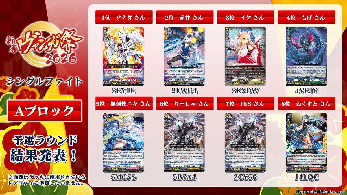 ヴァンガードカード 🪁🎍#新春ヴァンガ祭2026🎍🪁 シングルファイト Aブロック 結果発表