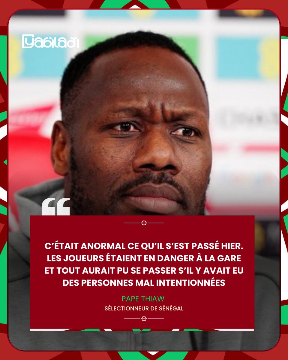 yabiladi_fr's tweet image. Pape Thiaw:
« Ce qui s’est passé hier est anormal. Une équipe comme le Sénégal ne peut pas descendre et se retrouver au milieu de la foule, comme ça. Les joueurs étaient en danger »

#Sénégal #PapeThiaw #CAN #Sécurité #Déclaration #CAF #AFCON2025