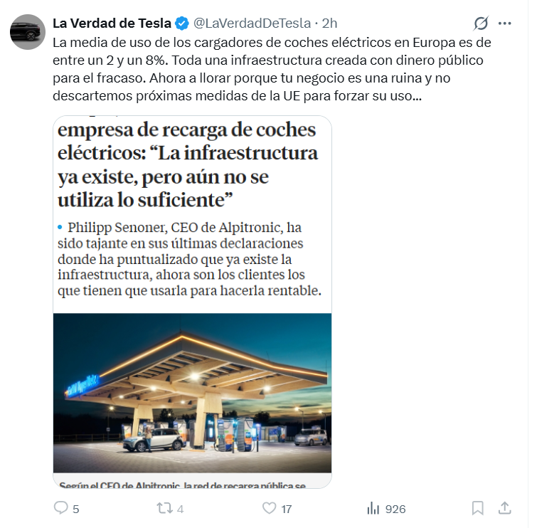 No nos aclaramos....existe o no existe infraestructura?
Ahora existe y se quejan. Les habéis visto quejarse si alguna gasolinera se usa menos que otra?