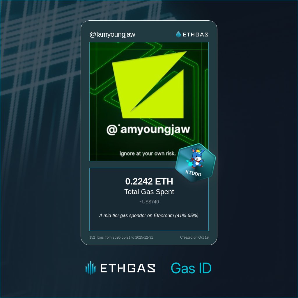 Leveled up in the Great Gas Reckoning with ETHGas! 💪

Kiddo Jack status: 0.2242 ETH gas spent, 75 Beans earned—supporting the Gasless Future!

Claim your Gas ID at ethgas.com/community/gas-…