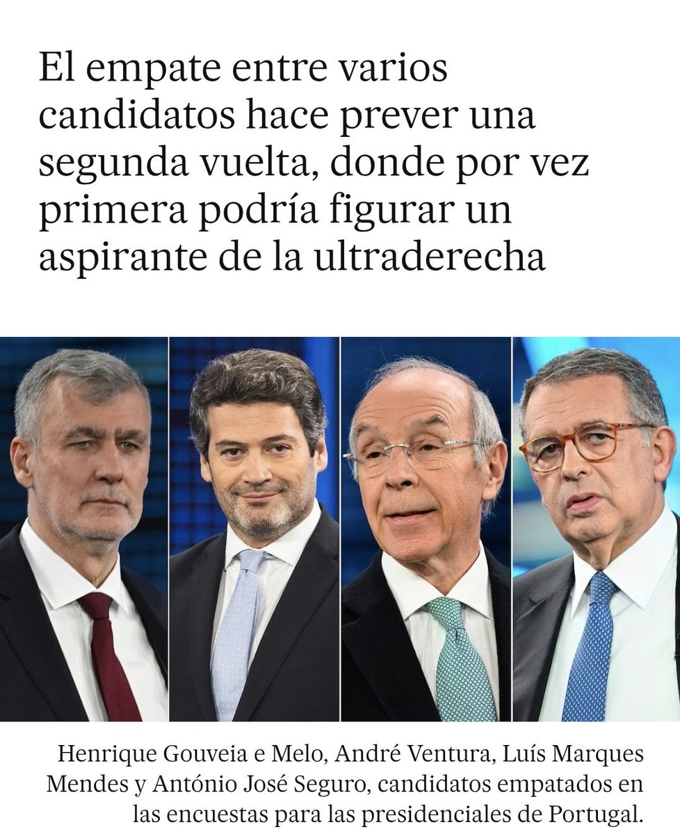 🇵🇹 ¿Conoces que el 18-E hay elecciones en #Portugal a la presidencia de la Republica?

¿Conoces que partidos apoyan a los 4 candidatos de la foto?

¿Conoces que un candidato abiertamente #fascista puede pasar a la segunda vuelta?

Reconócelo: conocemos muy poco de Portugal.