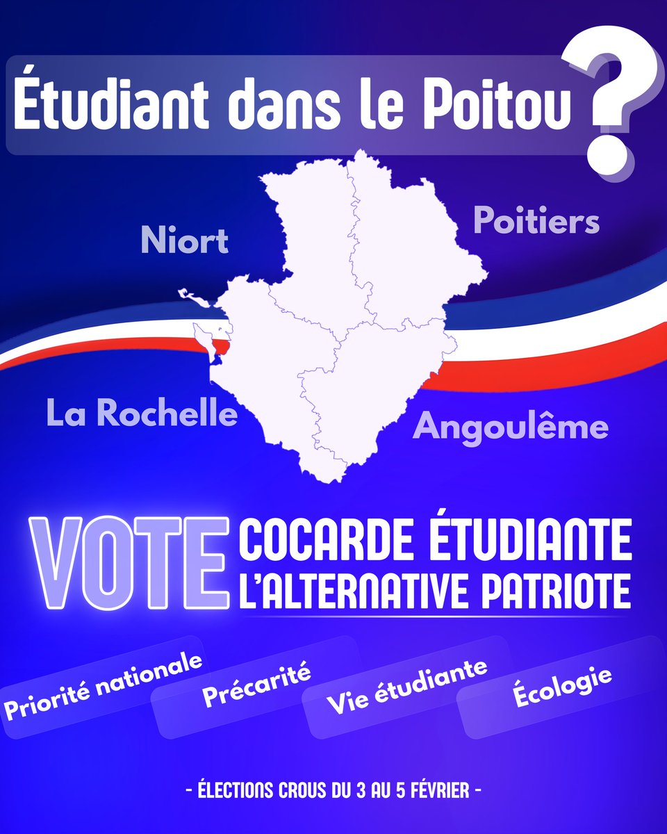 Étudiant dans le Poitou, tu es pour la priorité nationale ?
Du 3 au 5 février, vote pour la Cocarde Étudiante !