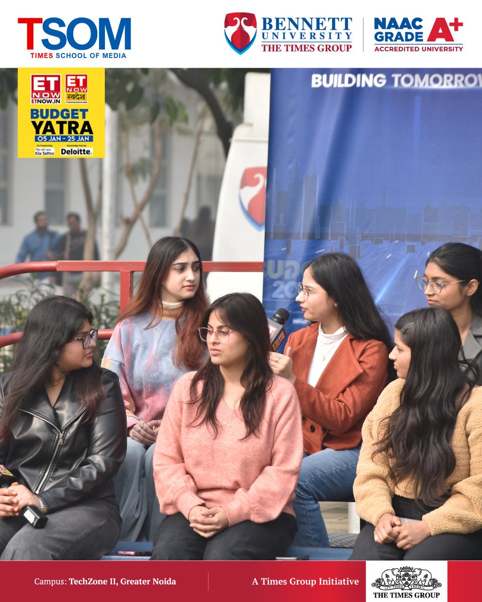 TSOMBENNETT's tweet image. TSOM students got a peek into live TV production as @ETNOWlive came to our campus to shoot its special pre-Budget series: 'Bharat Budget Yatra'
.
.
#bennettuniversity #timesschoolofmedia #mediastudents #television #learnfromthebest