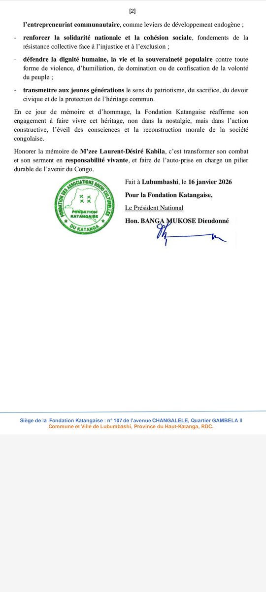 JesseNumbi's tweet photo. 16 janvier 2026
À l’occasion du 25ᵉ anniversaire de la disparition de M’zee LDKabila, la Fondation Katangaise s’incline devant la mémoire de ce grand nationaliste congolais, dont la vie fut consacrée à la lutte contre l’injustice, la dictature et toutes les formes d’antivaleurs https://t.co/TUvGpMqloJ