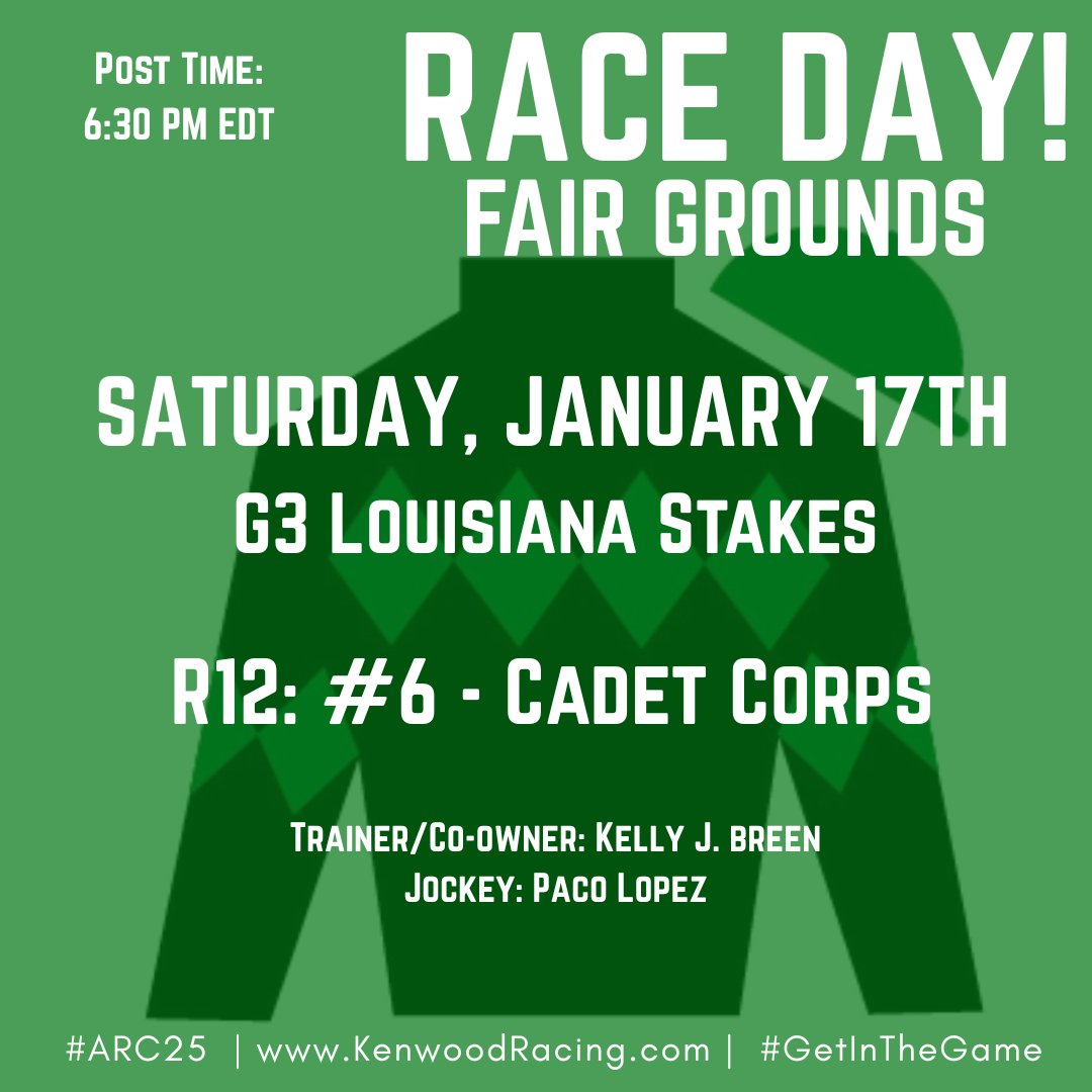 kenwoodracing's tweet photo. Big day for our #ARC25 group, as we send out Cadet Corps in the G3 Louisiana Stakes at @fairgroundsnola, with @Pacolopez1018 up! We also have our homebred running in R1 at @GulfstreamPark today, for a fun day of racing all around! Let's get lucky!
@TwinSpires @Kellyjohnbreen https://t.co/ZgI2WDX1dx