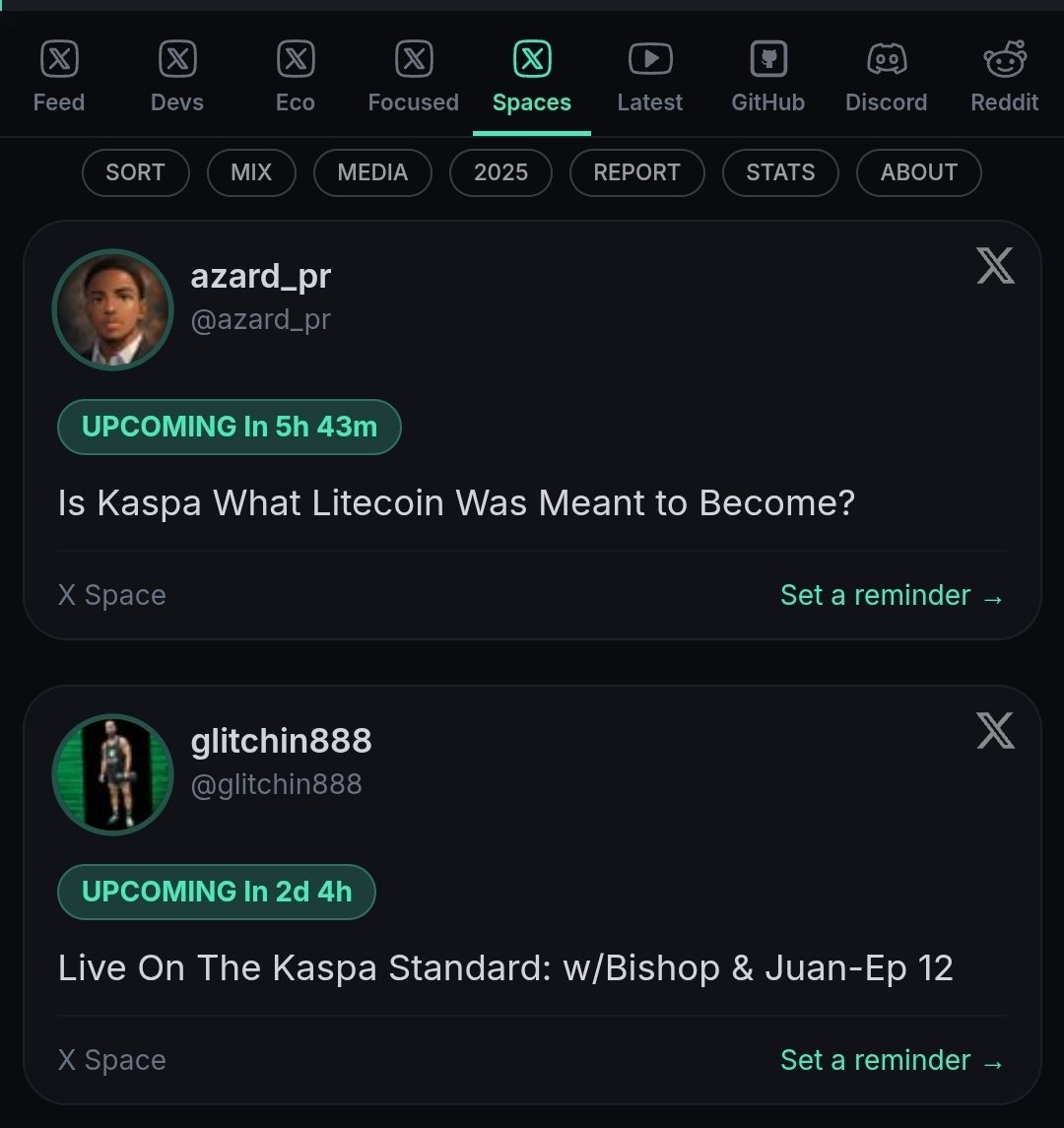 Spaces are now added to Kaspa News. Tracks X Spaces using Kaspa related  keywords. Shows upcoming, live, and past month replays. #Kaspa