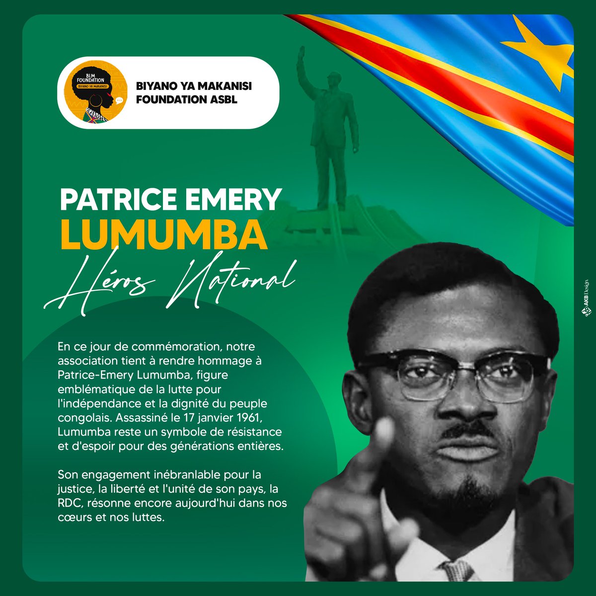 BFoudation78842's tweet photo. En cette date du 17 Janvier 2026, Biyano Ya Makanisi Foundation ASBL, rend un vibrant hommage à celui qui est considéré comme le père de l'indépendance de la RD-Congo, Patrice-Emery Lumumba. Notre Héros National.

#BolingoNaYaMotuya ❤️ #NdeTozoPesa 🤝 #Hommage #Lumumba https://t.co/jd28uSBkSD