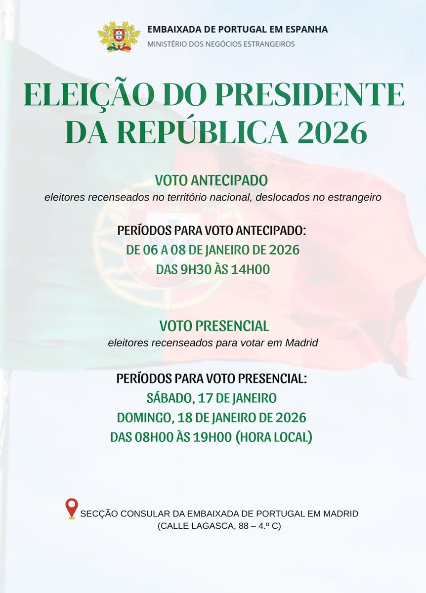 IL_Espanha's tweet photo. Se vives em Espanha, lembra-te que podes votar hoje e amanhã (sábado e domingo) na Embaixada ou Consulado da tua área de residência.

Não deixes de votar!

Abaixo as informações para o voto em Madrid 👇 https://t.co/PkQqRnalkK