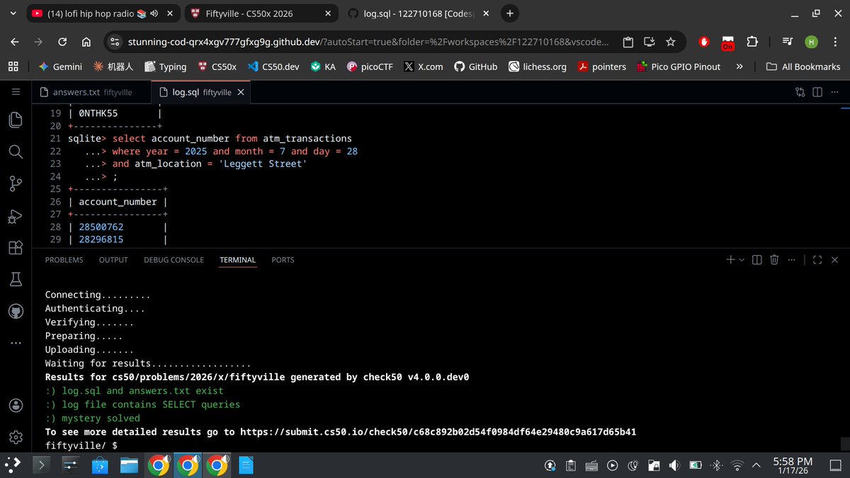 finished the fiftyville problem! Onto the Web development weeks. 

There's so much to learn in computer science. It's never ending