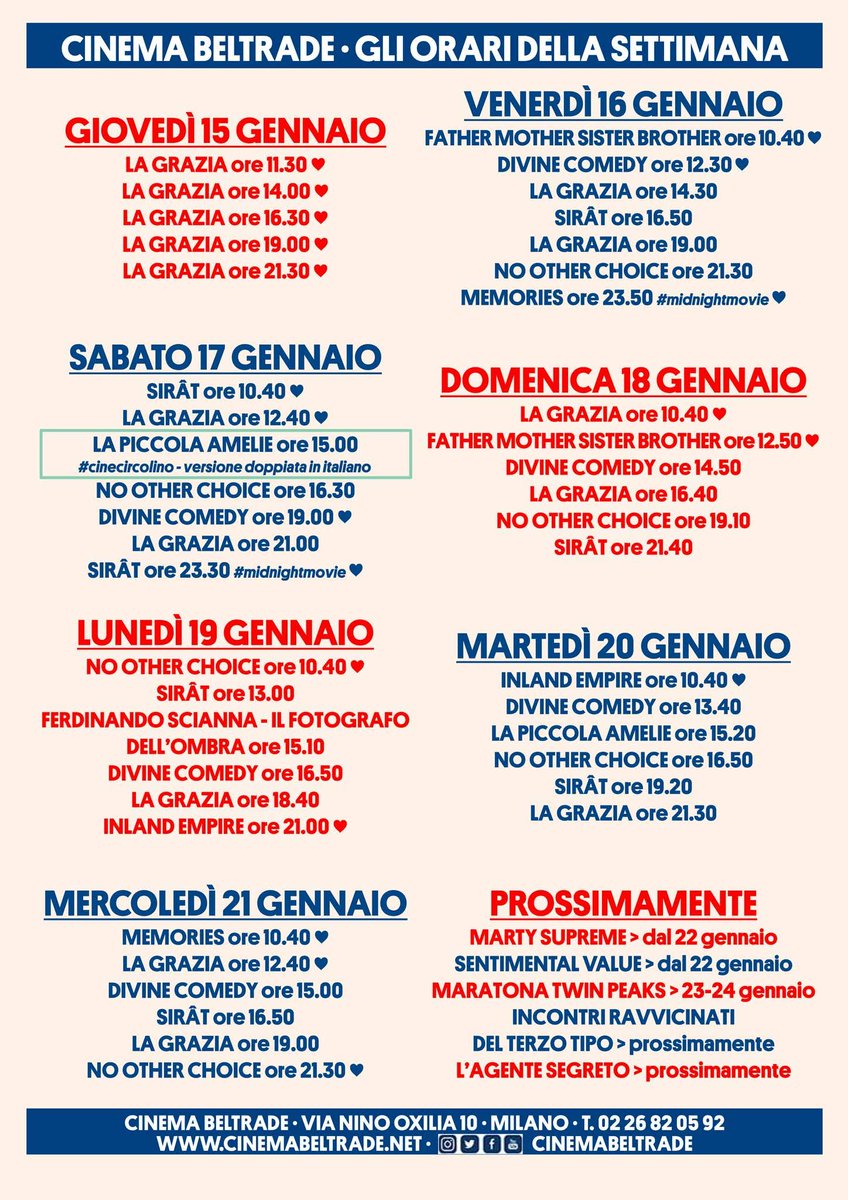 E anche questa settimana al #CinemaBeltrade continuiamo con tante occasioni speciali per  emozionarci con parole e immagini, in originale fin oltre mezzanotte! Ecco il programma completo di oggi, con grandi film vecchi e nuovi, tra tanti eventi unici: ♥️ facebook.com/share/p/18FheV…