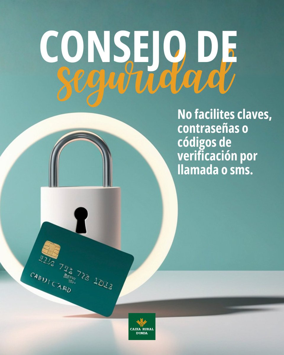🛡️ Consejo de seguridad

Si recibes mensajes o llamadas sospechosos que te piden claves, contraseñas o códigos de verificación, no los facilites nunca.
Caja Rural Onda NUNCA te pedirá esa información por SMS o email. 💡