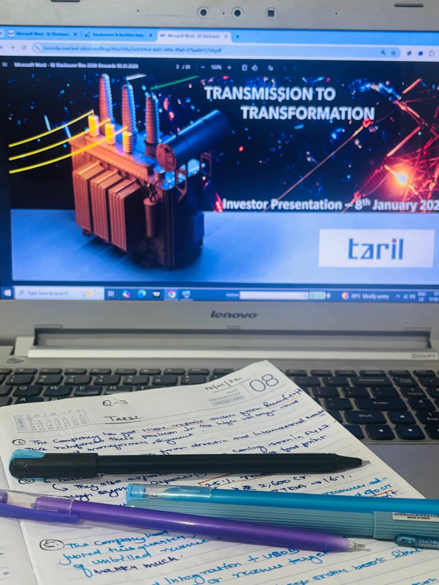 Akash17971's tweet photo. Transformers and Rectifiers (India) Ltd (TARIL) – Q3 FY26 Concall - Complete Breakdown for Serious Investors 🔥📊📈

If you’re short on time, focus on points  2, 4, 5, 6, 7, 8, 9, and 15 - they capture the core business direction, growth visibility, and risk control.

1⃣ Business Momentum – Clear Inflection Point 🚀
Q3 FY26 marked a strong operational turnaround driven by better execution, higher plant utilisation, and tighter cost control.

Management clearly stated this quarter reflects a return to stride after earlier execution moderation.

2⃣ Order Book, Execution & Visibility (Critical) 📒
Current executable order book (UEOB): ~₹5,500 Cr
Expected closing order book by FY26 end: ~₹8,000 Cr

Management is deliberately limiting the order book to ~18–24 months of execution to avoid price and execution risk.

Order inflow expected to be very strong in Q4, supported by advanced-stage PSU and institutional tenders.

3⃣ Strategic Order Moderation (Important Discipline) 🤔
Fresh order intake was intentionally moderated in H1 FY26.

Reason:
1. Align delivery schedules
2. Improve execution quality
3. Avoid long-duration low-margin orders

Management confirmed this strategy is now paying off in margins and execution confidence.

4⃣ HVDC Breakthrough – Strategic Milestone 📈
Received HVDC repair order from PowerGrid, a first for an Indian-origin company.

This is a qualification gateway for future HVDC manufacturing orders.

After successful commissioning, TARIL expects eligibility for indigenous HVDC technology bids.

📌 Meaningful HVDC order flow expected post FY27.

5⃣ Capacity & Expansion Roadmap 🛣️
 Current capacity:
1. Moraiya: ~27,000 MVA
2. Changodar: ~12,000 MVA
3. Odhav: ~1,200 MVA

Upcoming additions:
1. Changodar: +15,000 MVA in Q1 FY27
2. Moraiya: +22,000 MVA in Q2 FY27

📌 Total capacity expected to reach ~75,000 MVA.

Plant utilisation targeted at ~85% by next year, including expansions.

6⃣ Backward Integration – Margin & Control Engine 👏
Six facilities are under execution; civil work started, and equipment ordered.

Timeline:
1. CTC plant: FY27
2. Press Board: Q3 FY27
3. RIP Bushing plant: Q4 FY27
4. Fabrication facility: FY27

Impact:
1. Higher in-house value addition
2. Lower supply-chain dependency
3. Structural margin stability and upside over the medium term

7⃣ RIP Bushing Plant – Supply Chain De-risking ⚡️
Initial capability: up to 245 kV RIP bushings, scaling to 400 kV later.

Target: ~7,000 bushings in first year.

Capacity utilisation expected to reach 60–80% by second year.

📌 Management stated that approvals are not a major hurdle due to the existing transformer credibility.

8⃣ China / Chinese Competition Factor 🌍
Management clarified that even if Chinese players are allowed, manufacturing must happen in India, product and plant approvals take time, and the only existing Chinese manufacturer in India is already fully booked for 16–18 months, hence no near-term impact on TARIL’s business or pricing.

9⃣ Revenue & Margin Guidance 👍
FY26 revenue guidance: ~₹2,600 Cr
EBITDA margin guidance: 16–17%

Medium-term product margin range: 15–16%, with ~200 bps upside from operational excellence and backward integration.

🔟 Long-Term Growth Target 🚀👑
Revenue aspiration: $1 billion (~₹8,000 Cr) by FY28–29

Growth drivers:
1. Transformer demand
2. Capacity expansion
3. Backward integration revenues

📌Management does not see demand constraints for the next 7–10 years.

1⃣1⃣ Working Capital & Balance Sheet 📑
Working capital days improved to ~120–122 days.
Cash deposits with banks: ~₹275 Cr.
The company is currently cash-flow positive.

Target: Net debt free within 18–24 months, primarily via internal accruals.

1⃣2⃣ Pricing Risk Management 💰
Majority orders are protected via price variation clauses.
Commodity volatility risk is mitigated structurally.

📌 Another reason management avoids booking long-duration orders.

1⃣3⃣ Industry & Competitive Landscape 🌆
Indian transformer industry growth: ~15% CAGR.
Global transformer industry growth: ~6.7% CAGR.

📌 Chinese players, even if allowed, must manufacture in India and require lengthy approvals.

Management sees no near-term competitive disruption.

1⃣4⃣ Niche & Emerging Segment Focus 🙌
Management highlighted rising exposure to renewable energy transformers, supported by a dedicated renewable transformer line at Changodar, which will scale meaningfully post expansion. 

Alongside this, the company operates in high-entry-barrier furnace transformers, a niche segment with only ~2 qualified vendors due to technical complexity and high failure risk, offering ₹200–300 Cr opportunity with strong credibility and pricing power.

1⃣5⃣ Net Debt-Free Target (Explicit Timeline Reaffirmed) 🤩
Management reaffirmed the net debt-free goal within 18 months.
Emphasis: internal accruals first, not equity dilution.

1⃣6⃣ Key Risks & Caution 🛡️
Supply-chain tightness (CRGO, CTC) is ongoing but managed. Backward integration is critical to ease these constraints.

World Bank-related issue: no debarment, reply submitted, resolution expected in weeks.

📌 Management emphasized governance, transparency, and disclosure discipline.

1⃣7⃣ Governance & Disclosure Discipline (Credibility Booster) 👍
Management highlighted that audited results were declared within 8 days of quarter close, stressing internal discipline and transparency.

📌 This was explicitly mentioned by the MD, not an analyst inference.

📌 Repost this and follow me for more serious concall breakdowns ✅
I’ll keep decoding major and high-quality company concalls on my X handle - clean, factual, and investor-focused 🤝

Disclaimer: This post is a factual summary of management commentary shared during the Q3 FY26 earnings concall. It is not investment advice. Please do your own research before making any investment decisions.