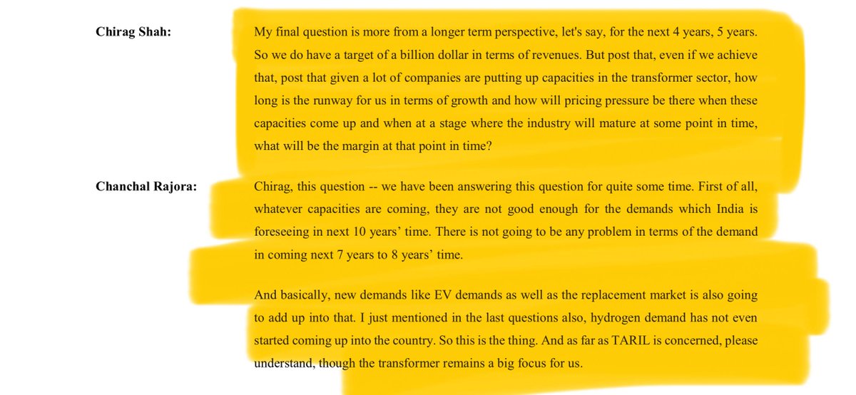 Akash17971's tweet photo. Transformers and Rectifiers (India) Ltd (TARIL) – Q3 FY26 Concall - Complete Breakdown for Serious Investors 🔥📊📈

If you’re short on time, focus on points  2, 4, 5, 6, 7, 8, 9, and 15 - they capture the core business direction, growth visibility, and risk control.

1⃣ Business Momentum – Clear Inflection Point 🚀
Q3 FY26 marked a strong operational turnaround driven by better execution, higher plant utilisation, and tighter cost control.

Management clearly stated this quarter reflects a return to stride after earlier execution moderation.

2⃣ Order Book, Execution & Visibility (Critical) 📒
Current executable order book (UEOB): ~₹5,500 Cr
Expected closing order book by FY26 end: ~₹8,000 Cr

Management is deliberately limiting the order book to ~18–24 months of execution to avoid price and execution risk.

Order inflow expected to be very strong in Q4, supported by advanced-stage PSU and institutional tenders.

3⃣ Strategic Order Moderation (Important Discipline) 🤔
Fresh order intake was intentionally moderated in H1 FY26.

Reason:
1. Align delivery schedules
2. Improve execution quality
3. Avoid long-duration low-margin orders

Management confirmed this strategy is now paying off in margins and execution confidence.

4⃣ HVDC Breakthrough – Strategic Milestone 📈
Received HVDC repair order from PowerGrid, a first for an Indian-origin company.

This is a qualification gateway for future HVDC manufacturing orders.

After successful commissioning, TARIL expects eligibility for indigenous HVDC technology bids.

📌 Meaningful HVDC order flow expected post FY27.

5⃣ Capacity & Expansion Roadmap 🛣️
 Current capacity:
1. Moraiya: ~27,000 MVA
2. Changodar: ~12,000 MVA
3. Odhav: ~1,200 MVA

Upcoming additions:
1. Changodar: +15,000 MVA in Q1 FY27
2. Moraiya: +22,000 MVA in Q2 FY27

📌 Total capacity expected to reach ~75,000 MVA.

Plant utilisation targeted at ~85% by next year, including expansions.

6⃣ Backward Integration – Margin & Control Engine 👏
Six facilities are under execution; civil work started, and equipment ordered.

Timeline:
1. CTC plant: FY27
2. Press Board: Q3 FY27
3. RIP Bushing plant: Q4 FY27
4. Fabrication facility: FY27

Impact:
1. Higher in-house value addition
2. Lower supply-chain dependency
3. Structural margin stability and upside over the medium term

7⃣ RIP Bushing Plant – Supply Chain De-risking ⚡️
Initial capability: up to 245 kV RIP bushings, scaling to 400 kV later.

Target: ~7,000 bushings in first year.

Capacity utilisation expected to reach 60–80% by second year.

📌 Management stated that approvals are not a major hurdle due to the existing transformer credibility.

8⃣ China / Chinese Competition Factor 🌍
Management clarified that even if Chinese players are allowed, manufacturing must happen in India, product and plant approvals take time, and the only existing Chinese manufacturer in India is already fully booked for 16–18 months, hence no near-term impact on TARIL’s business or pricing.

9⃣ Revenue & Margin Guidance 👍
FY26 revenue guidance: ~₹2,600 Cr
EBITDA margin guidance: 16–17%

Medium-term product margin range: 15–16%, with ~200 bps upside from operational excellence and backward integration.

🔟 Long-Term Growth Target 🚀👑
Revenue aspiration: $1 billion (~₹8,000 Cr) by FY28–29

Growth drivers:
1. Transformer demand
2. Capacity expansion
3. Backward integration revenues

📌Management does not see demand constraints for the next 7–10 years.

1⃣1⃣ Working Capital & Balance Sheet 📑
Working capital days improved to ~120–122 days.
Cash deposits with banks: ~₹275 Cr.
The company is currently cash-flow positive.

Target: Net debt free within 18–24 months, primarily via internal accruals.

1⃣2⃣ Pricing Risk Management 💰
Majority orders are protected via price variation clauses.
Commodity volatility risk is mitigated structurally.

📌 Another reason management avoids booking long-duration orders.

1⃣3⃣ Industry & Competitive Landscape 🌆
Indian transformer industry growth: ~15% CAGR.
Global transformer industry growth: ~6.7% CAGR.

📌 Chinese players, even if allowed, must manufacture in India and require lengthy approvals.

Management sees no near-term competitive disruption.

1⃣4⃣ Niche & Emerging Segment Focus 🙌
Management highlighted rising exposure to renewable energy transformers, supported by a dedicated renewable transformer line at Changodar, which will scale meaningfully post expansion. 

Alongside this, the company operates in high-entry-barrier furnace transformers, a niche segment with only ~2 qualified vendors due to technical complexity and high failure risk, offering ₹200–300 Cr opportunity with strong credibility and pricing power.

1⃣5⃣ Net Debt-Free Target (Explicit Timeline Reaffirmed) 🤩
Management reaffirmed the net debt-free goal within 18 months.
Emphasis: internal accruals first, not equity dilution.

1⃣6⃣ Key Risks & Caution 🛡️
Supply-chain tightness (CRGO, CTC) is ongoing but managed. Backward integration is critical to ease these constraints.

World Bank-related issue: no debarment, reply submitted, resolution expected in weeks.

📌 Management emphasized governance, transparency, and disclosure discipline.

1⃣7⃣ Governance & Disclosure Discipline (Credibility Booster) 👍
Management highlighted that audited results were declared within 8 days of quarter close, stressing internal discipline and transparency.

📌 This was explicitly mentioned by the MD, not an analyst inference.

📌 Repost this and follow me for more serious concall breakdowns ✅
I’ll keep decoding major and high-quality company concalls on my X handle - clean, factual, and investor-focused 🤝

Disclaimer: This post is a factual summary of management commentary shared during the Q3 FY26 earnings concall. It is not investment advice. Please do your own research before making any investment decisions.