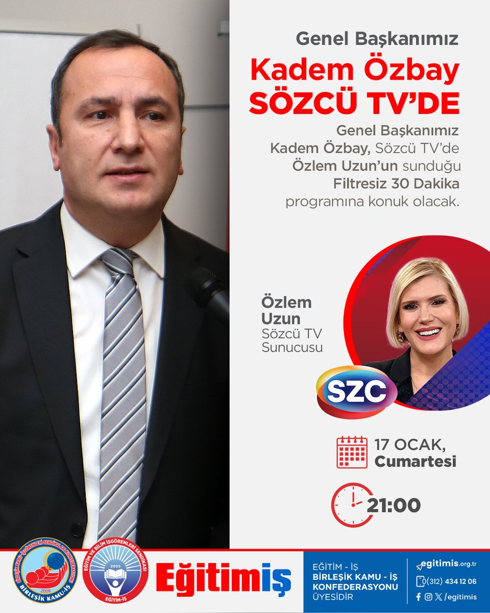 Genel Başkanımız Kadem Özbay, bugün saat 21.00’de Sözcü TV’de Özlem Uzun’un sunduğu Filtresiz 30 Dakika programına konuk olacak.

<a href="/kademozbay_/">Kadem Özbay</a> 
<a href="/szctelevizyonu/">SÖZCÜ Televizyonu</a>