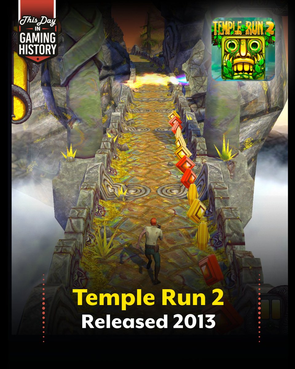 ThisDayGaming's tweet image. Temple Run 2 Turns 13 Today! 🏃‍♂️💨

Released in 2013 on iOS &amp;amp; Android, Imangi's sequel ramped up the chase with new worlds, mines/gondolas, daily challenges, &amp;amp; gem-grinding addiction that hooked billions!

#TempleRun2