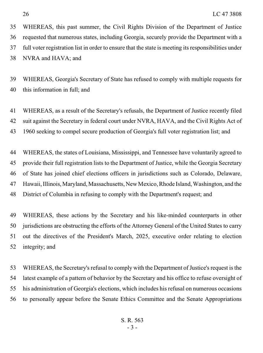 HollyKesler's tweet photo. Georgia voters deserve transparency & accountability in our elections. Sen. Randy Robertson (R-Cataula) nailed it in his Jan. 16, 2026, statement urging SOS Brad Raffensperger to comply with the DOJ's request for our voter registration list:

“When legislators are working to investigate an issue, you would expect that everyone would be on the same page. Unfortunately, Georgia’s Secretary of State has chosen noncompliance over collaboration. One of the most basic expectations of every public official in Georgia, including the Secretary of State, is working together to serve the people of Georgia. Holding office does not change this obligation to respect lawful investigative processes or to provide information when it is properly requested. SR 563 reinforces the basic expectation of public service by urging our Secretary of State to comply with the DOJ. When federal authorities issue lawful subpoenas or requests as part of an investigation, compliance is a duty. We have an obligation as legislators to shine a light on any wrongdoing, regardless of where it shines or who it shines on. I’ve spent more than thirty years in law enforcement, where credibility was earned through actions, not statements. Public trust is maintained when leaders address concerns directly and judiciously, leaving no stone unturned. This resolution is consistent with that experience and with my ongoing commitment to accountability, fairness and the rule of law for all. It is my hope that our Secretary of State will reverse course and choose to work for hardworking Georgians instead of himself.”

SR 563, authored by Sen. Robertson, is now in the Senate Ethics Committee! 

I am formally calling on ALL candidates running for GA Secretary of State & Governor to publicly support SR 563 & explain your stance on SOS compliance with the DOJ. 
Do you back transparency, or not?

SOS candidates: Dana Barrett @TheDanaBarrett, Adrian Antonio Consonery @aj4ga_ , Judge Penny Brown Reynolds @Judgepennyforga , Tim Fleming @TimFlemingGA , Kelvin King @kelvinking4ga , Vernon Jones @VernonForGA Gabriel Sterling @GabrielSterling 
—Where do you stand?

Governor candidates: Keisha Lance Bottoms @KeishaBottoms , Geoff Duncan @GeoffDuncanGA , Jason Esteves @jasonesteves , Ruwa Romman @ruwaromman , Michael Thurmond @MikeThurmondGA , Lt. Governor Burt Jones @burtjonesforga , GA Secretary of State Brad Raffensperger @GaSecofState , Chris Carr @ChrisCarr_Ga , Clark Dean @Clark_Dean , Gregg Kirkpatrick @gctokirkpatrick , Ken Yasger @kenforgeorgia 
GA voters would like to know…what's your position?

An additional question, why hasn't anyone in the House @GaHouseHub introduced a companion resolution? The Blue-Ribbon Study Committee on Election Procedures should prioritize this in their review for 2026 reforms.

Let's build trust in GA elections! 
After all, we are the best in the nation with the cleanest voter rolls, right?

Link to SR 563: https://t.co/WSPlBGgO2N