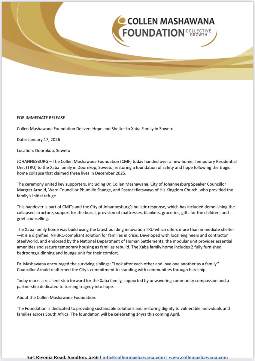 Collen Mashawana Foundation Delivers Hope and Shelter to Xaba Family in Soweto #doornkop #soweto #CMF #CityofJohannesburg