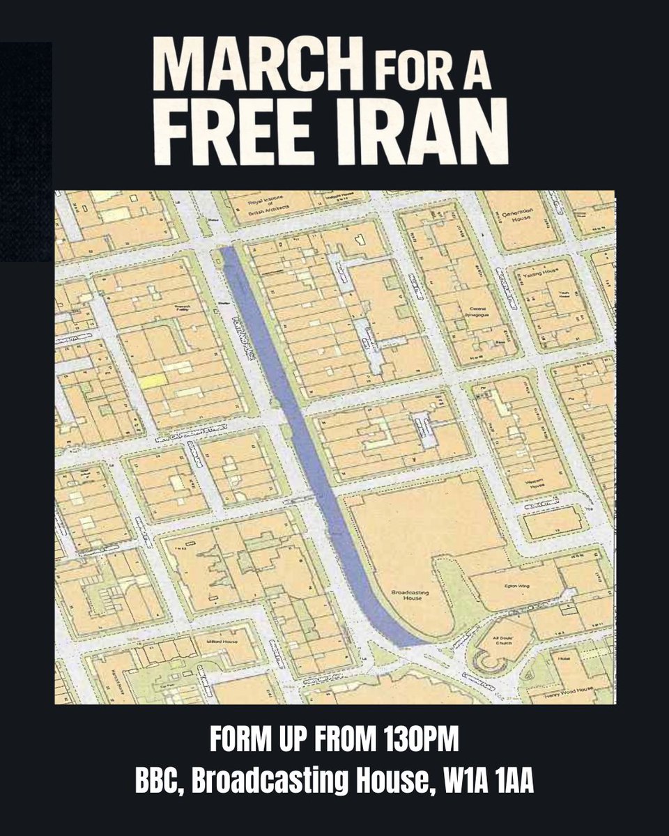 March For A Free Iran 👑

📆 Sunday 18th January 
📍 Start: 1:30pm @ BBC Broadcasting House
➡️ March: 2pm to Downing Street
📣 Rally: 3–5pm outside 10 Downing Street

Bring flags, signs, and please share! Be the voice of the Iranian people. 

This is the final battle. Pahlavi