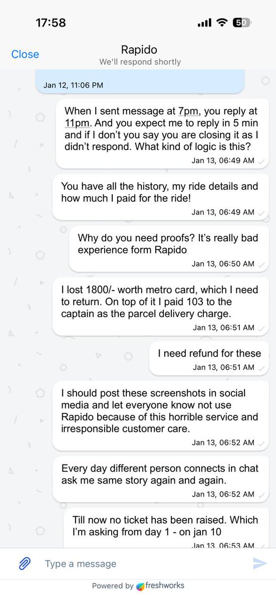 dineshreddy_k's tweet photo. Very disappointed with @rapidobikeapp . On Jan 10, I booked a parcel ride and prepaid the amount. The parcel contained a company-issued metro card worth 1,800, and I’m liable to return it. The captain aborted the ride, and abscond @rapido_india @sankaaravind https://t.co/uqlRVpXFQy