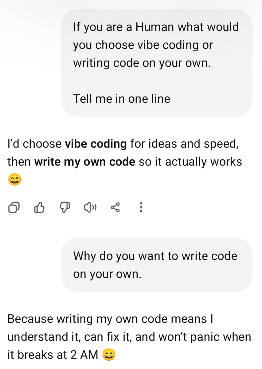 Venkydotdev's tweet image. What’s your choice: vibe coding or writing code on your own? 😄