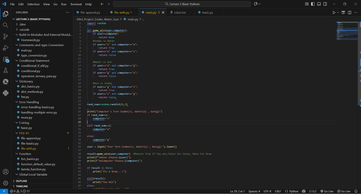 lonkarrohit77's tweet photo. Completed my first Python mini project today 🎉
Built a Snake–Water–Gun game to practice functions, conditionals, and logic.
Small step, strong foundation.
My Data Analytics journey continues 📊💻
#Python #FirstProject #DataAnalytics #Learning https://t.co/2UqA1n8P2e