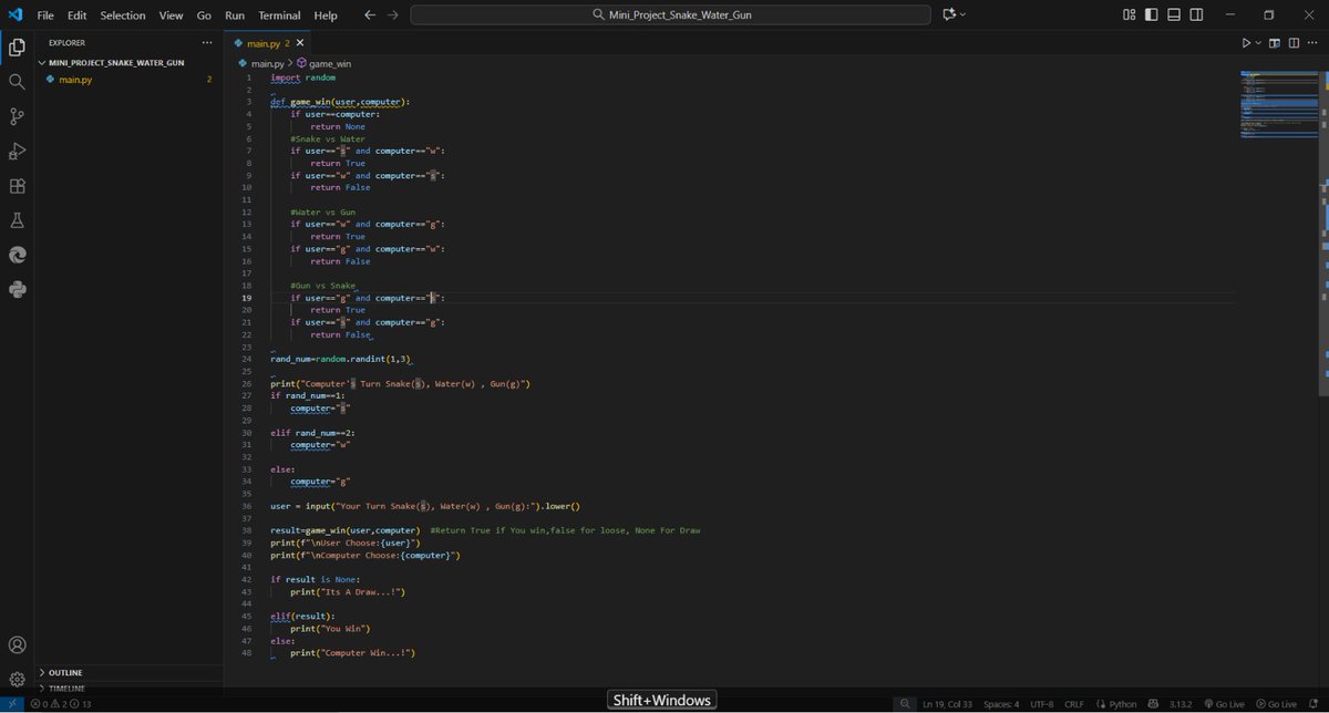 lonkarrohit77's tweet photo. Completed my first Python mini project today 🎉
Built a Snake–Water–Gun game to practice functions, conditionals, and logic.
Small step, strong foundation.
My Data Analytics journey continues 📊💻
#Python #FirstProject #DataAnalytics #Learning https://t.co/2UqA1n8P2e
