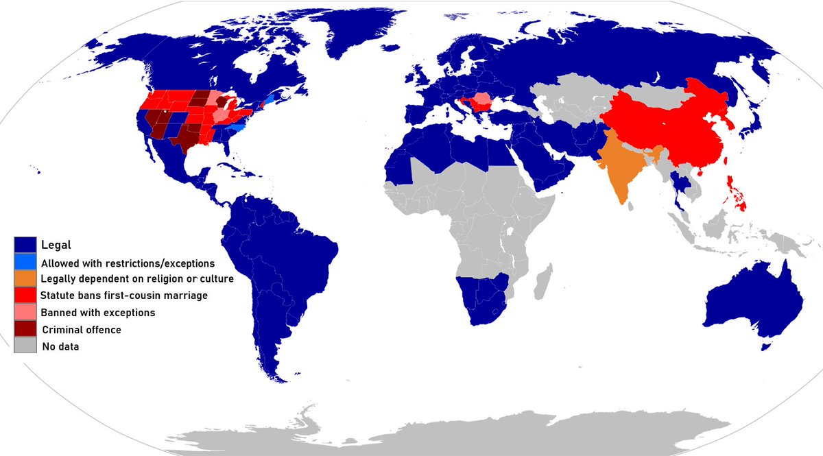 TerribleMaps's tweet photo. Where marrying your first cousin is legal

'Banned with exceptions' = First cousin marriage shall be punishable by law unless they're really hot. https://t.co/99Xo7seM9D