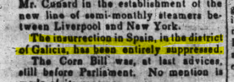A nova da derrota da Revoluçom Galega de 1846 chegou a Virgínia, Estados Unidos, o 4 de Junho desse ano. Velaí o Virginia Free Press dessa data.