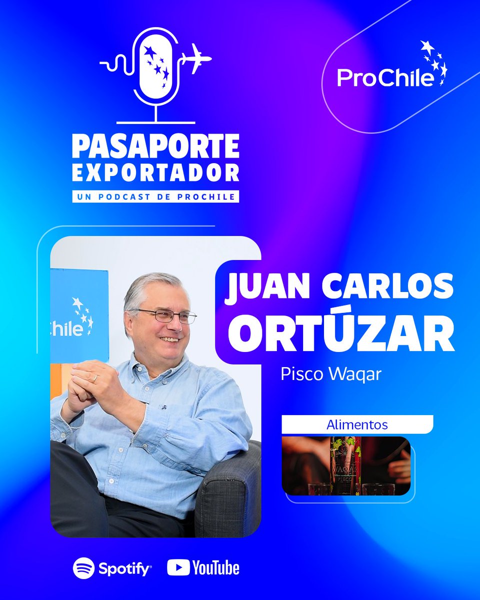 ProChile's tweet image. ¡No te pierdas un nuevo episodio de #PasaporteExportador! 🎙️ 

Conversamos con Juan Carlos Ortúzar, de Pisco Waqar, quien nos cuenta cómo fue llevar nuestro destilado estrella a los bares alrededor del 🌍 

📺Youtube: bit.ly/4qdHa8J
📻 Spotify: bit.ly/4pUYIGc