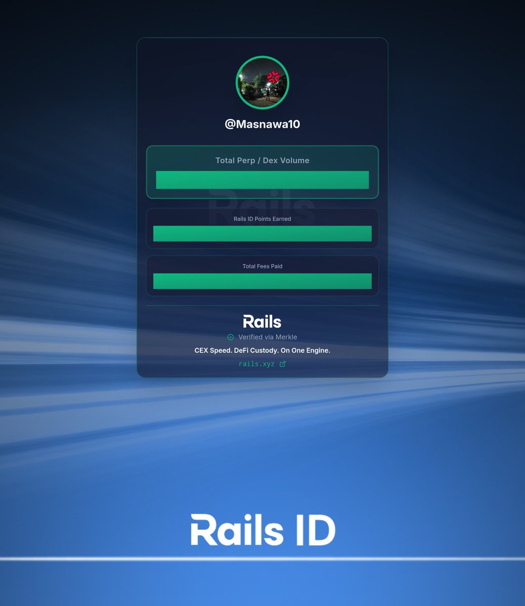 I just got my Rails ID. It pulls my DEX volume history into a single card and shows 20 Rails ID Points earned so far.

 Now it’s all about Rails Play: <a href="/rails_xyz/">Rails</a> ’s perps training ground.

Claim your Rails ID now: quest.rails.xyz/onboard?r=Masn…