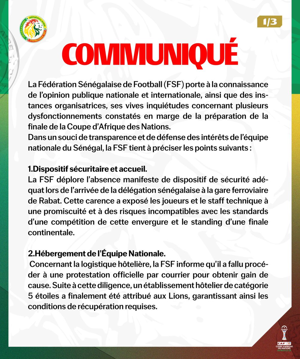 snewsafrica's tweet photo. 🚨 Le Sénégal sort un communiqué contre l’organisation de la finale #CAN2025 face au Maroc🇲🇦 !
Manquements sécuritaires, hébergement problématique, manque de billets pour les supporters.
La CAF sommée d’agir pour garantir équité et respect.
#Sénégal #Maroc #AFCON2025 #CANFinal https://t.co/BzBmKVcQRH