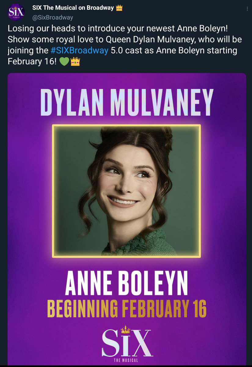 My reply, "Anne Boleyn gets murdered by yet another man" got me blocked. 😂😂
And now, <a href="/SixBroadway/">SIX The Musical on Broadway 👑</a> ("the Bud Light of Broadway musicals") has deleted their misogynist tweet. What they need to do next is delete this casting and apologize for their sexism.
