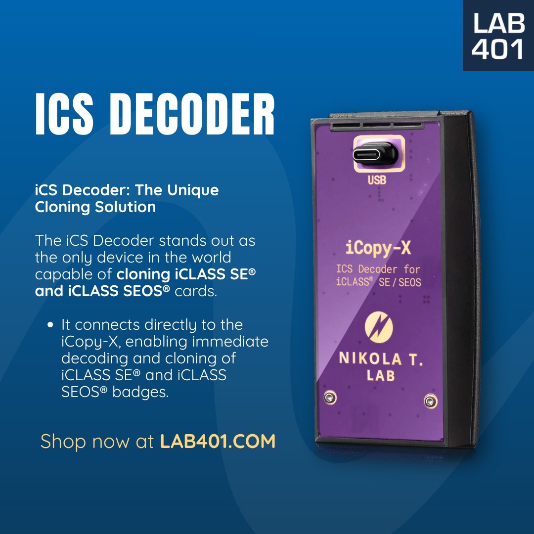Lab_401's tweet photo. 🔓 iCS Decoder: World's only device that can clone & decode iCLASS SE® and SEOS® tags — a must-have for pentesters & law enforcement. https://t.co/BkRVHLMZmU
#RFID #iCLASS #iCopyX #iCSDecoder #LAB401 #pentesting #infosec #Cloner https://t.co/yBBIvwUpqW