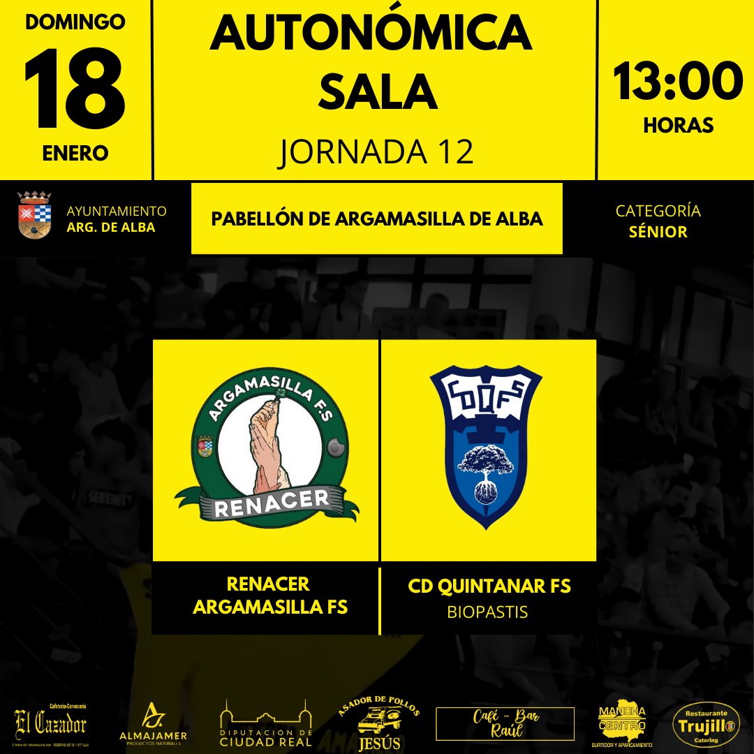 |SÉNIOR|

📅 Domingo 18/01
🏆 Primera Autonómica Sala, Jornada 12
🆚 CD Quintanar FS Biopastis 
📍Pabellón Municipal de Arg. de Alba
🕑 13:00

Jornada matinal de domingo para los nuestros en casa ante un rival muy competitivo.
¡Os esperamos!

#PasiónPorLoNuestro