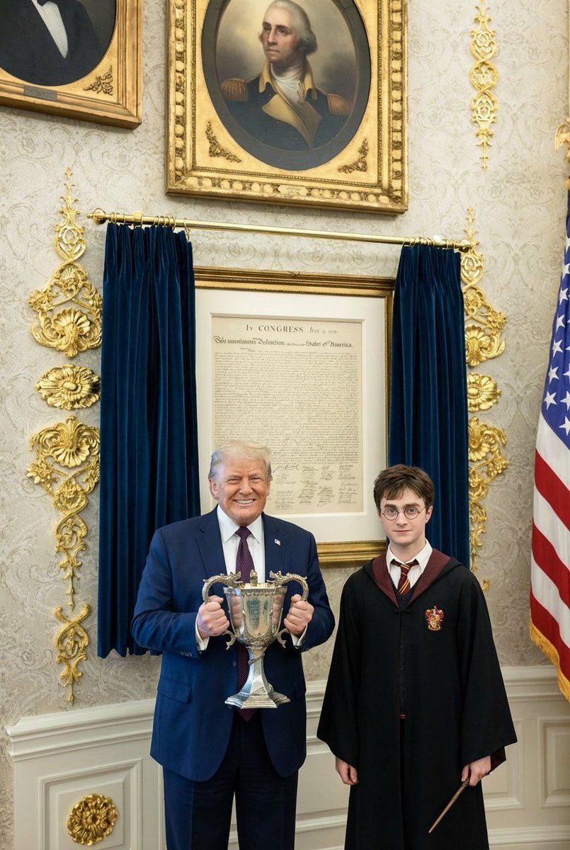 President Donald J. Trump meets with Harry Potter of Hogwarts in the Oval Office, during which Mr. Potter presented the President with his Triwizard Cup in recognition of the President’s extraordinary proficiency in the dark arts of misinformation, illusion and reality