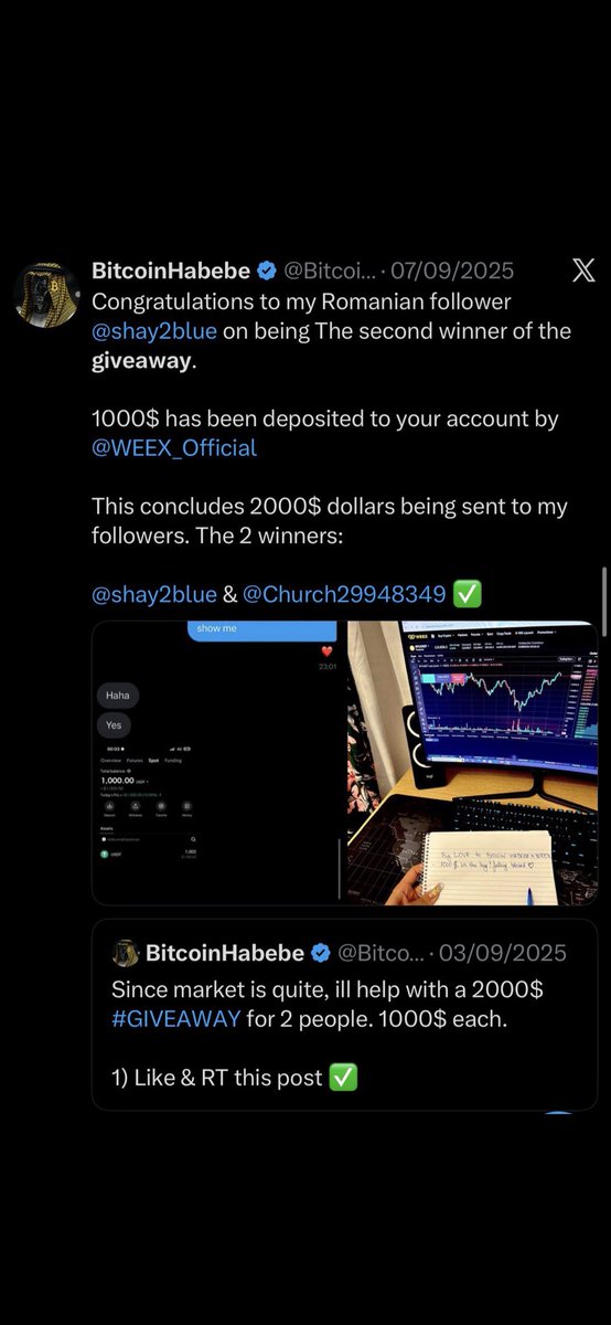 Bitcoinhabebe's tweet photo. Previous 1000$ giveaway winners 👇 https://t.co/S7CbHSHQbX