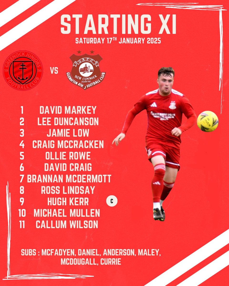 GlenaftonAJFC's tweet photo. ⚽️👊🏼| STARTING XI 
  
Your Glens line-up to take on @GREENOCKJFC in today’s @SouthChallenge 5th round match.

#awatheglens 🔴⚪️ https://t.co/8KZwwcsZ4s