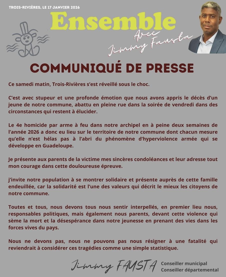 Stupeur et émotion. Le 4e homicide par arme à feu en 2 semaines en #Guadeloupe a eu lieu hier soir à Trois-Rivières. 
J’adresse mes condoléances à sa famille et j’appelle à ne pas nous résigner face à l’hyperviolence armée qui sème la mort et la désespérance dans notre jeunesse.