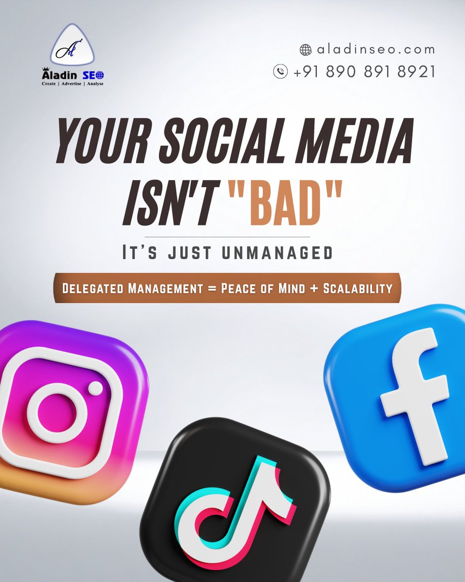 Aladinseo's tweet photo. "Stop working IN  your social media and start working ON  your business. 🚀"
Stop leaving your online presence to chance. It's time for a managed strategy that actually converts.

#SocialMediaManagement #DigitalMarketing #SocialMediaGrowth #ContentMarketing #BusinessGrowth #aladinseo