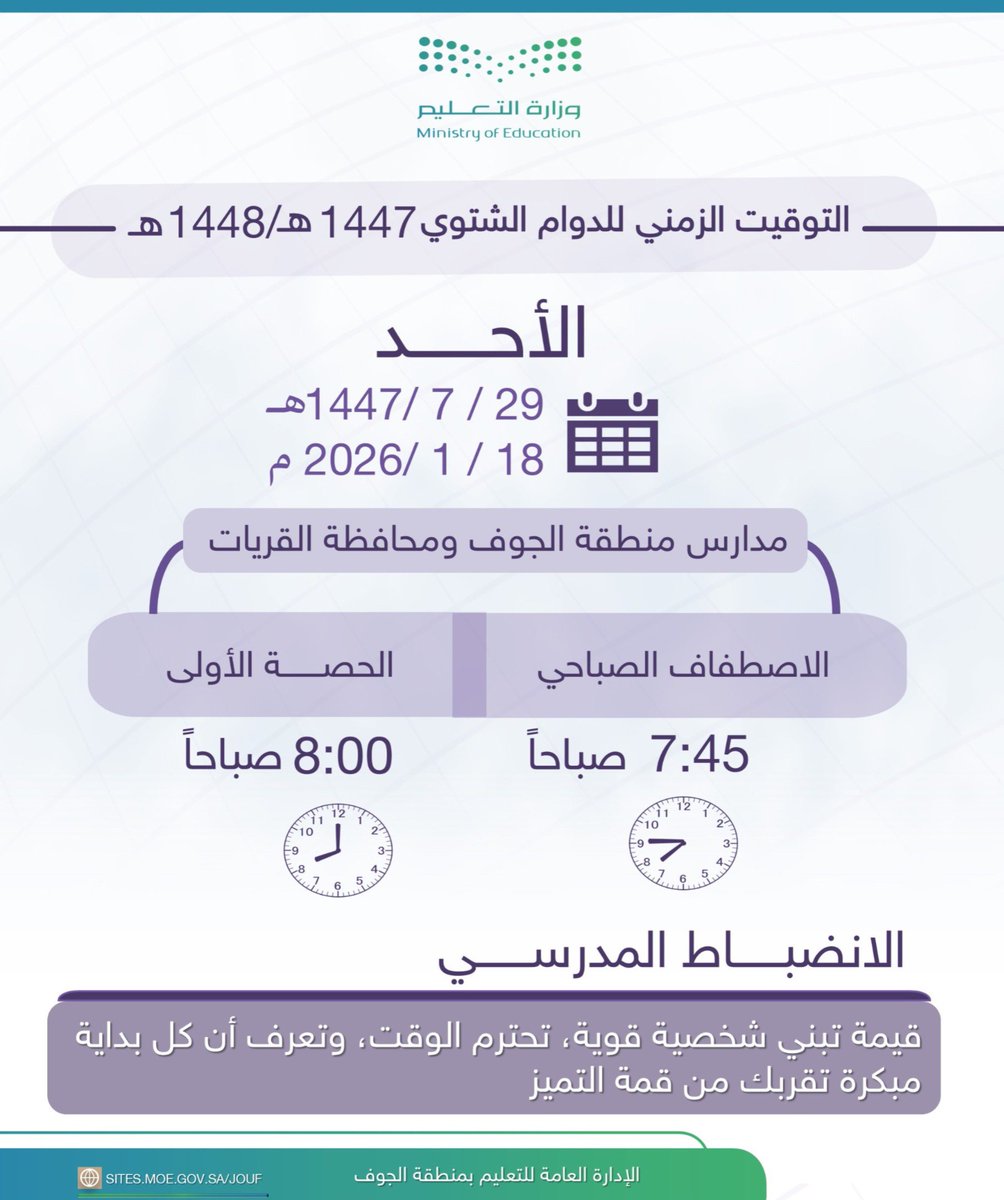 MOE_JOF's tweet photo. عوداً حميداً..
#الانضباط_المدرسي
#تعليم_الجوف https://t.co/daYcYuESmY