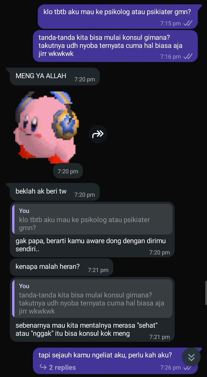 hell0pandaaa_'s tweet image. memasuki tahap berani nanya masalah kesehatan mental ke temen yang mahasiswa psikologi ini🫂