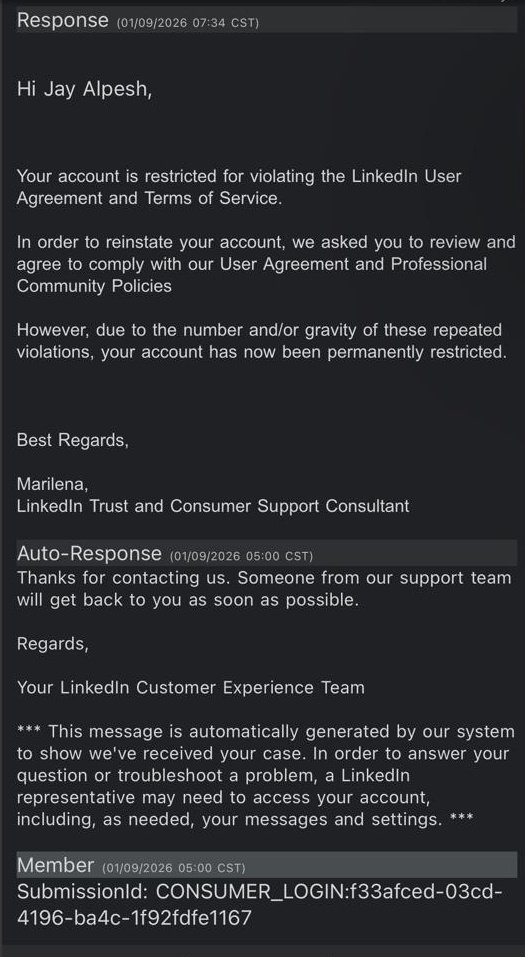 ja131997's tweet photo. It’s been days, and I’m still receiving the same template response while my account remains restricted and the appeal system continues to fail (“Something went wrong”)
 @LinkedInHelp @LinkedInIndia @Microsoft @LinkedInIndia @santaclaralaw @LinkedInHelp @CaliforniaDCA @AGRobBonta https://t.co/HJiRAEDftk