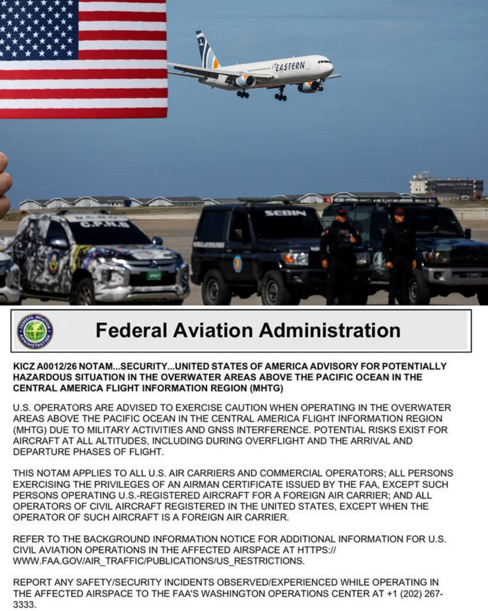 ivancp25's tweet image. #ÚltimaHora ⚠️🚨 #EEUU y #FAA, emite aviso oficial para aerolíneas por riesgos en espacio aéreo de #Centroamérica y Pacífico Oriental. Posibles interferencias #GPS 🛰, navegación y actividad militar no avisada en #México 🇲🇽 #Colombia 🇨🇴, #Ecuador 🇪🇨. Vigencia 60 días. 17-01-26