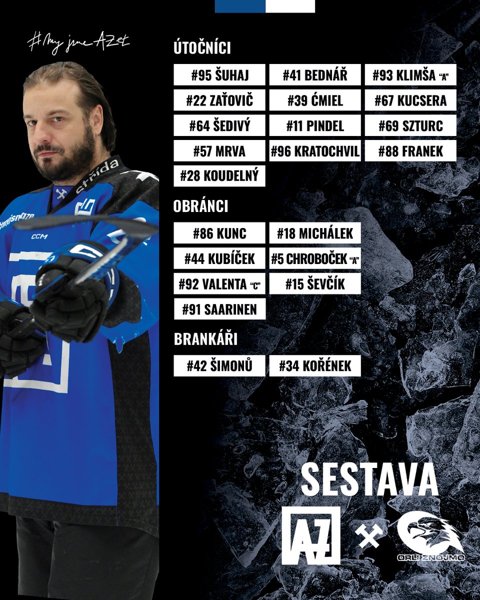 ⚒ Dnešní sestava proti Znojmu. Na křídlo druhé formace se vrací útočník Lukáš Kucsera, v prvním obranném páru pak po zranění opět nastoupí Marcel Kunc. Na pozici druhého brankáře dnes již uzdravený Michal Kořének. ⚫🔵⚪

🎟️ Prodej vstupenek: cutt.ly/PRODEJ-VSTUPEN…