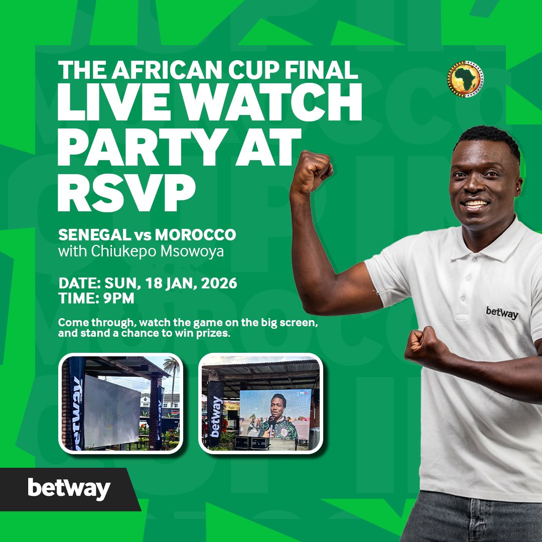 Mangwecha's tweet photo. Ma dolo Betway Malawi is Hosting watch party for African cup Finals tomorrow at RSVP Blantyre.... Tiyen tikaonere finals pachi BIG SCREEN.
You will also win Exciting prizes E.g Betway merchandise.
#Whichway? Repost might drop stake as well😂🔥🔥💥💥💥 https://t.co/0pE0KheKwC