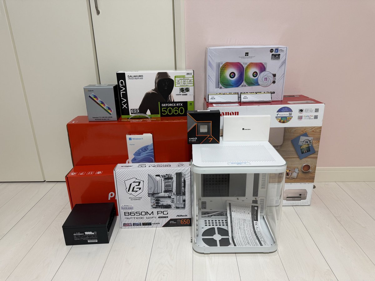takaokoto's tweet photo. 妻のためにPCパーツ一式準備完了。  
「ちゃんと動きますように」と祈りながら組み立て開始🔧  
喜んでくれたらそれで全部報われる。  
#自作PC #白いPC https://t.co/wfyAFxBcsK