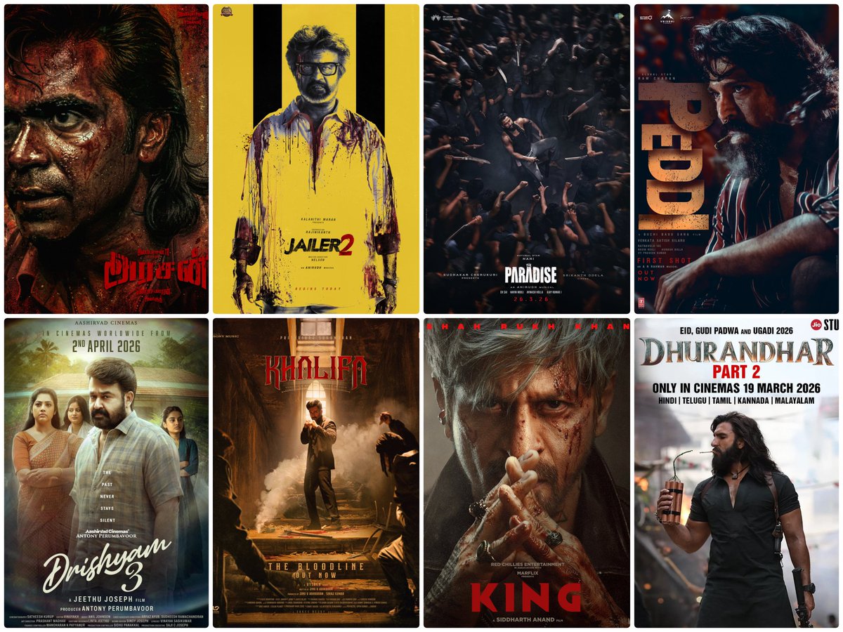 My Pick For Most Anticipated Indian Movies Of 2026. 

#Arasan #Jailer2 #TheParadise #Peddi #Drishyam3 #Khalifa #King #Dhurandhar2