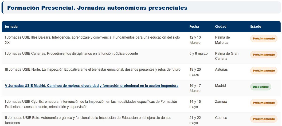🏫📍Anunciamos las próximas Jornadas Presenciales de USIE en distintas CCAA: espacios de reflexión y mejora de la función inspectora. 

✅Ya puedes inscribirte en la jornada de Madrid 17 de febrero: docs.google.com/forms/d/e/1FAI…

👉 +info: usie.es/formacion-onli…

#JornadasUSIE